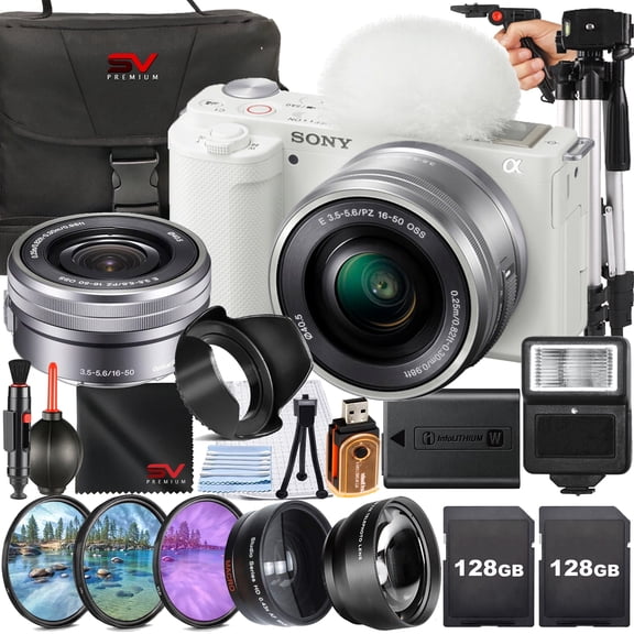 Sony ZV-E10 Mirrorless Camera (White) with 16-50mm Lens 2 Pack SanDisk 128GB Memory Card Case Flash SV Premium Accessory Bundle (International Version)