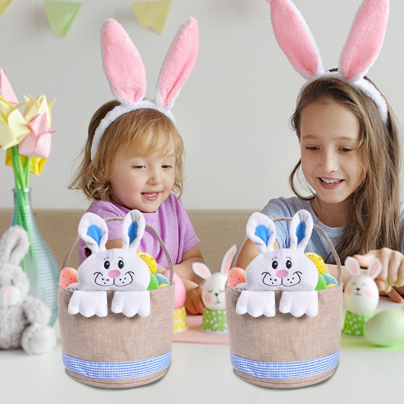 Lunxisen 2 Pcs Easter Bunny Basket Decorated Bunny Gift Basket for Easter Spring Holiday Party Home Decoration