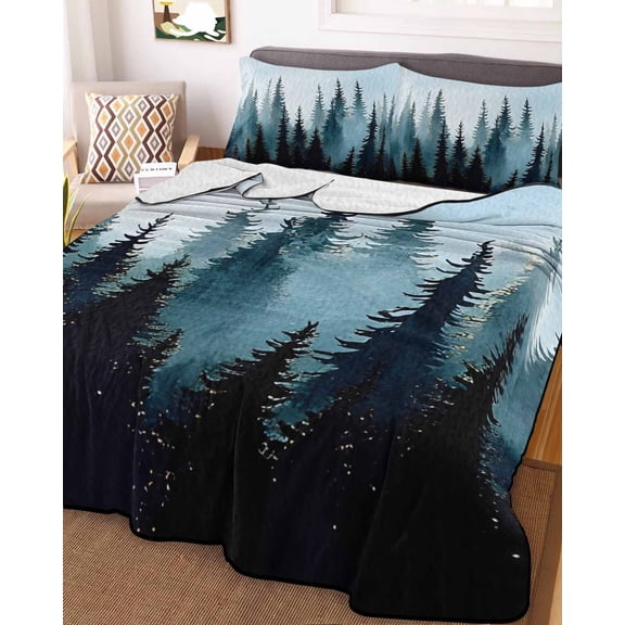 Forest Turquoise King Size Down Alternative Comforter, Lightweight Comforter Quilt Bedding Set with Pillow Shams Retro Trees Silhouette Landscape All Seasons Bed Comforter Duvet Insert 96"x106"