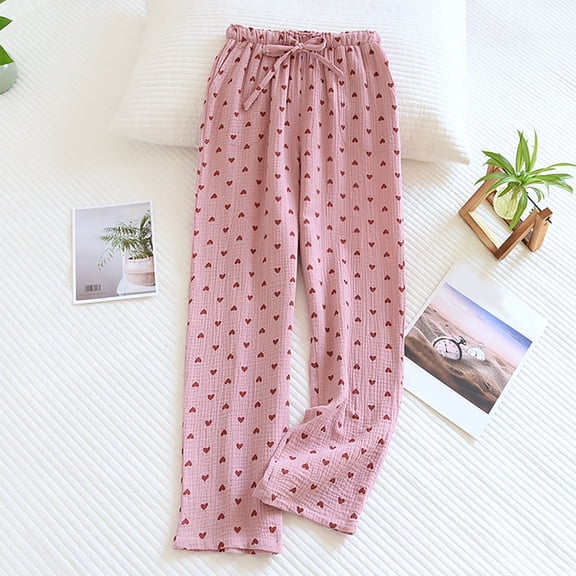 Costeam Womens Allover Heart Print Crinkled Gauze Wide Leg Pajama Pants Side Inset Hand Pockets Self Tie Drawstring Elastic High Waist Loose Fit Breathable Trouser Bottoms