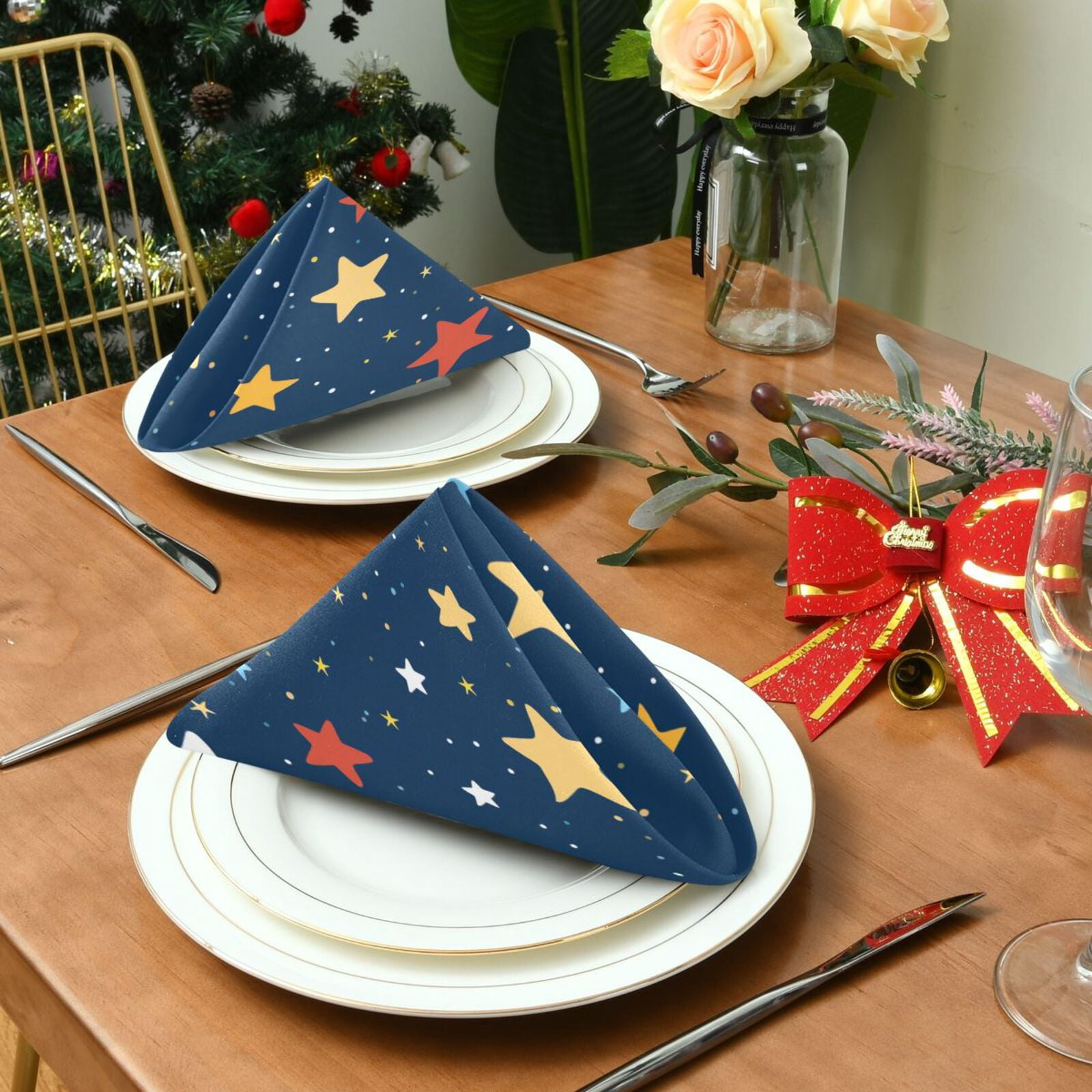 JSTEL Colorful Stars Polka Dots Cloth Napkins Set of 6, 20x20 Inch Washable and Reusable Napkin for Decoupage Dinner Party Everyday Use