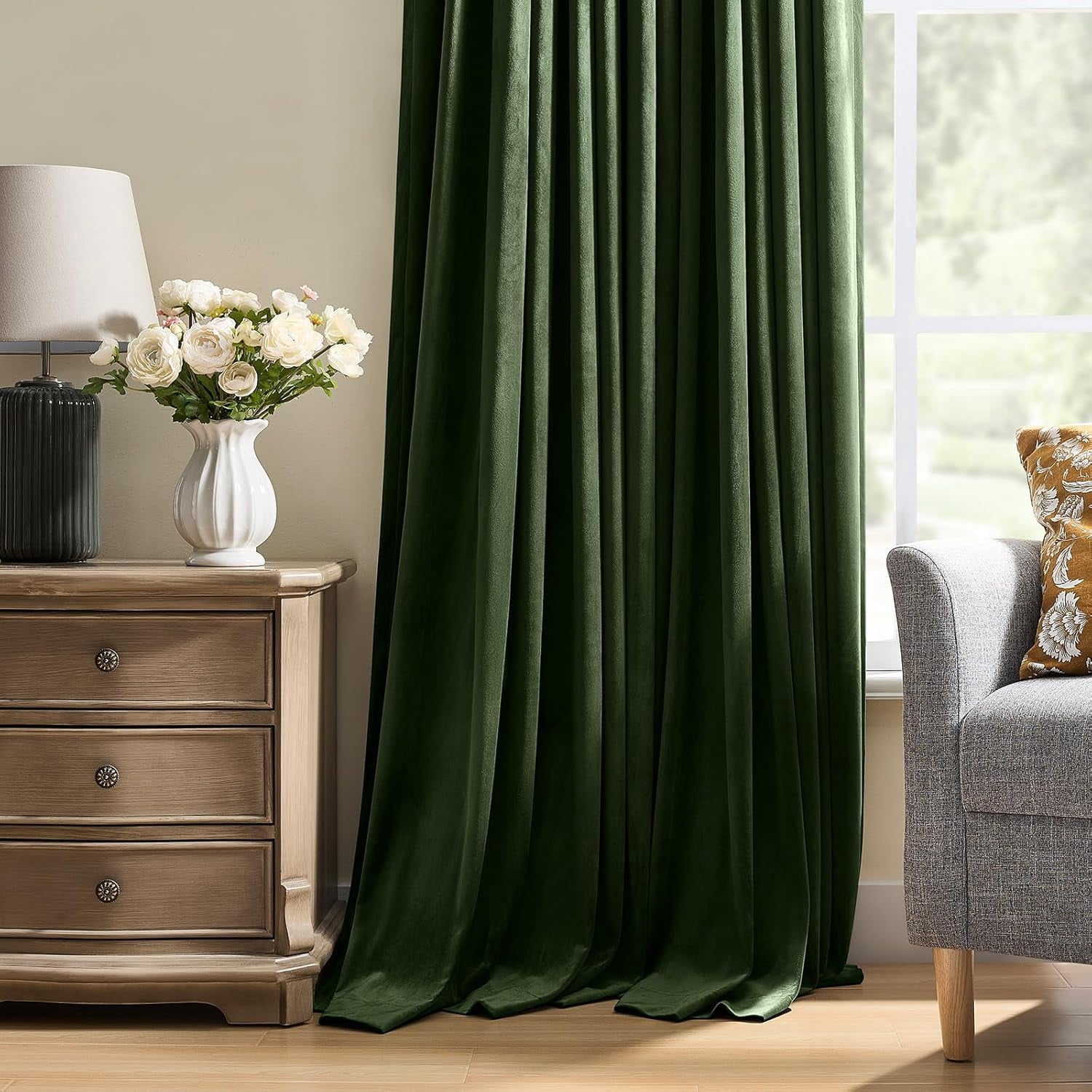Nalqet Pinch Pleated Velvet Blackout Curtains 84 inches Long 2 Panels Set, Blackout Luxury Elegant Drapes Thermal Insulated Window Curtains for Bedroom,Living room,Office, Olive Green