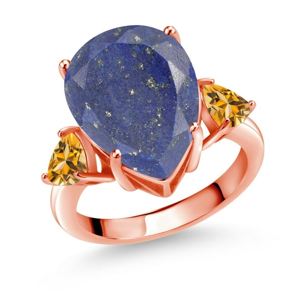 Gem Stone King 7.82 Ct Pear Shape Blue Lapis Yellow Citrine 18K Rose Gold Plated Silver Ring (Size 9)