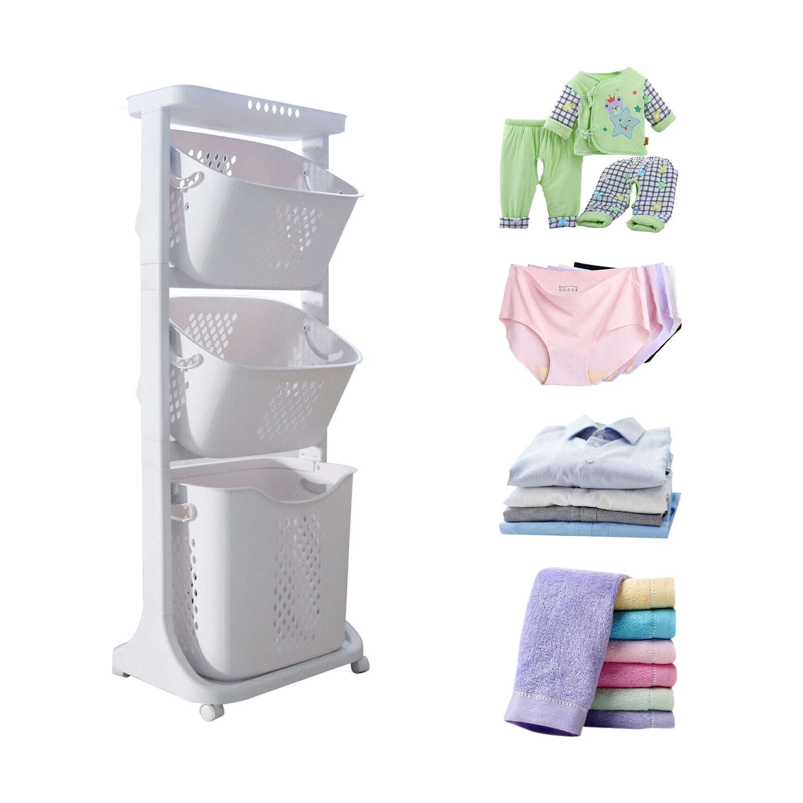 17"×13"×43" 3-Tier Laundry Hamper Basket Sorter with Wheels Small Clothes Storage Organizer Shelf Rolling Cart for One Person