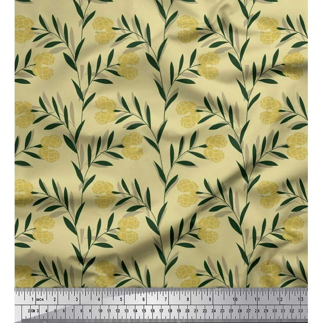 Soimoi Beige Rayon Fabric Leaves & Clover Flower Hand Drawn Print Sewing Fabric Yard 56 Inch Wide