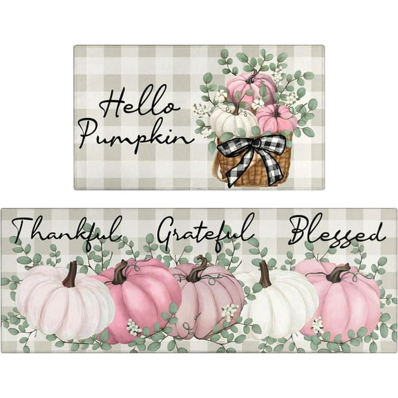 Fall Thanksgiving Pumpkin Kitchen Rugs Set of 2,Eucalyptus Buffalo Plaid Farmhouse Floor Mats and Rugs Non Skid Washable for Kitchen Home Decor (Pink 17"x47" 17"x30")
