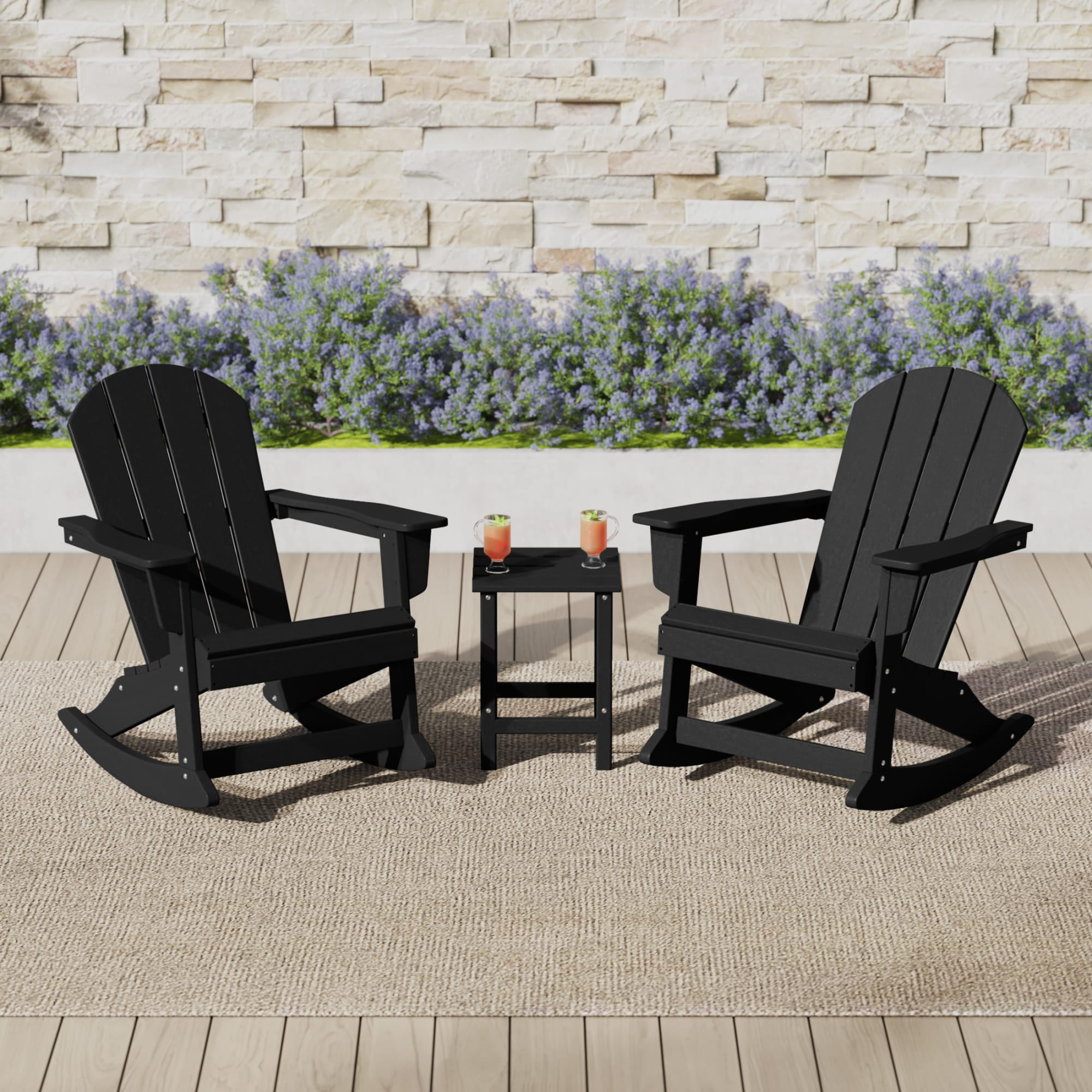 WestinTrends Malibu 3 Piece Outdoor Rocking Chair Set, All Weather Poly Lumber Porch Patio Adirondack Rocking Chair Set of 2 with Side Table, Black