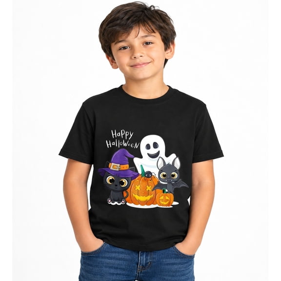 Cute Ghost Witch and Pumpkin Friends Halloween Graphic T-Shirt for Boys, Cute Seasonal Short Sleeve Shirt for Everyday Wear