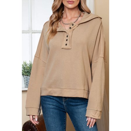 Khaki Solid Color Casual Button Seam Trim Hoodie
