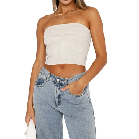 

JBEELATE Strapless Crop Top for Women Twist Front Hollow Knitted Tube Top Sleeveless Bandeau Bustier Tops Aesthetic Clothes