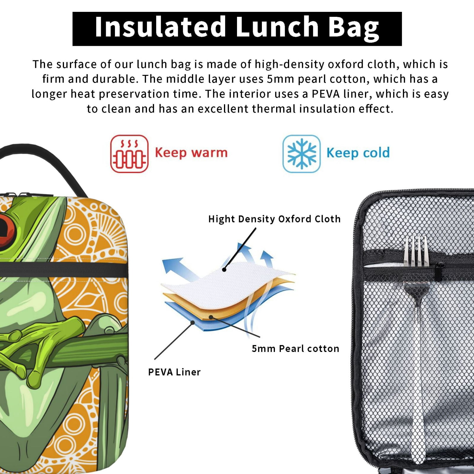 Cartoon Green Frog Lunch Box Bag Insulated Lunchbox Reusable Tote Thermal Cooler Portable for Women Men