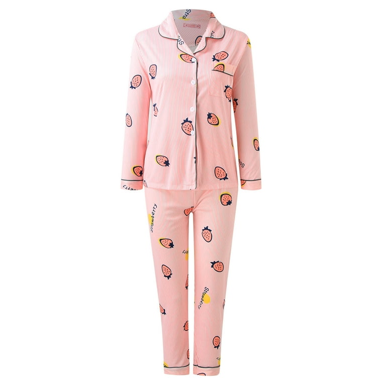 Lisingtool Pajamas for Women Set Women Casual Lapel Button Feather Polka  Dot Strawberry Print Two Piece Long Sleeve Pajamas Pajamas Suit Pajama  Pants