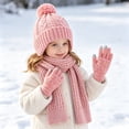 thumbnail image 4 of 3 Pcs Kids Winter Hat Scarf Gloves Set Knit Pompom Beanie with Earmuffs Double Layer Scarf Touchscreen Gloves Toddler Thick Thermal Sets Pink 2-10 Years, 4 of 6