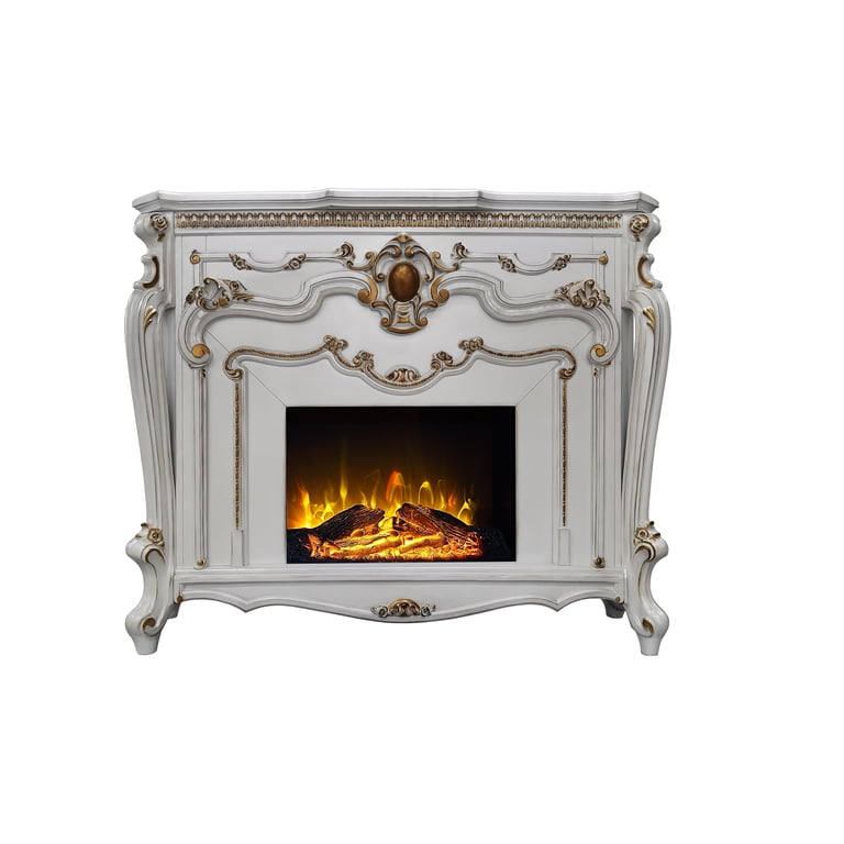 ACME Picardy Antique Pearl Finish Electric Fireplace with Wood