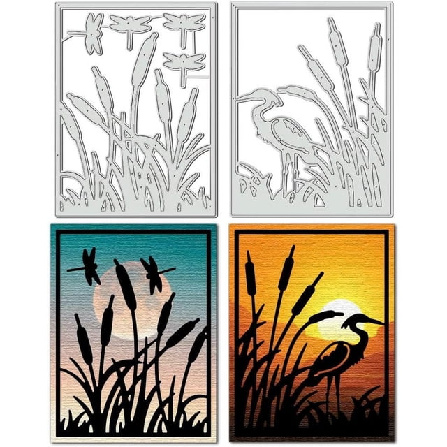 2 troqueles de corte con forma de marco de hierba, diseño de garza crepuscular, luna y libélulas. Plantillas de corte para repujado en metal.