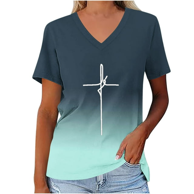 T-shirt de Sport d'Été à Manches Courtes et Col en V pour Femmes avec Imprimé de Pâques
