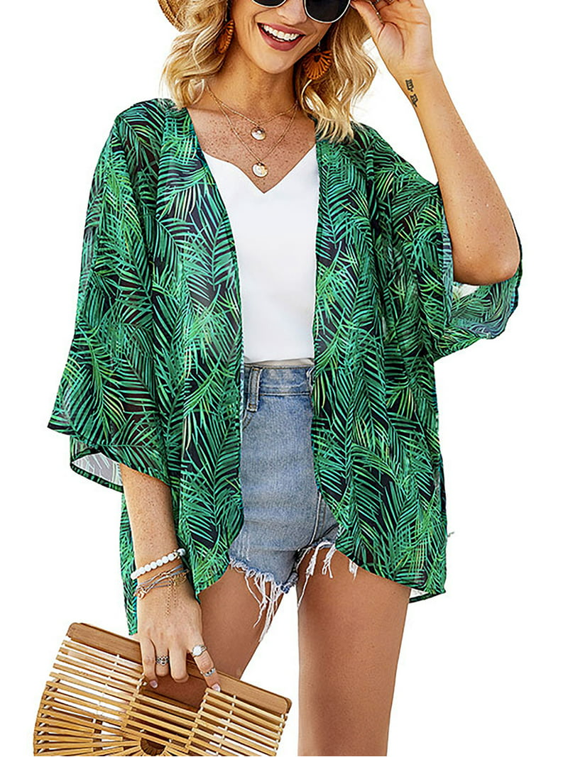 Beach Flowy Kimono Cardigan Summer Puff Sleeve Bikini Cover Up Casual Leopard Print Blouse Kaftan -