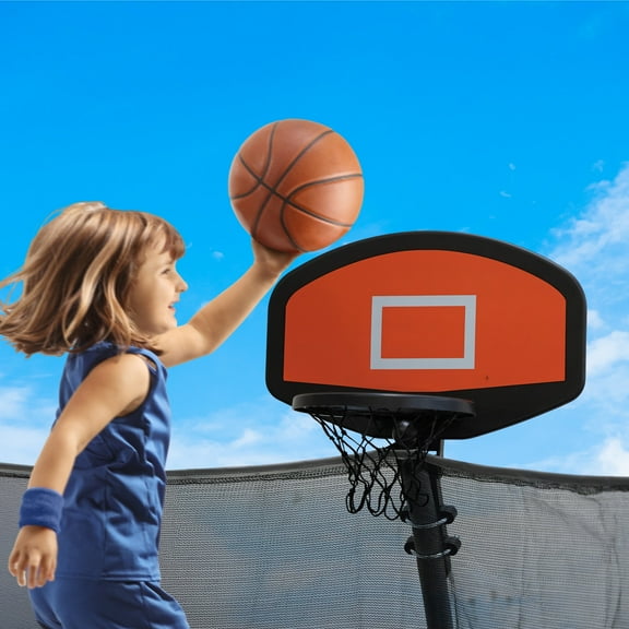 Trampoline Basketball Hoop with Ball & Pump – Adjustable Trampoline Hoop Attachment with Breakaway Rim, Universal Safety Net Mount, Durable Backboard, Outdoor Trampoline Accessory for Kids