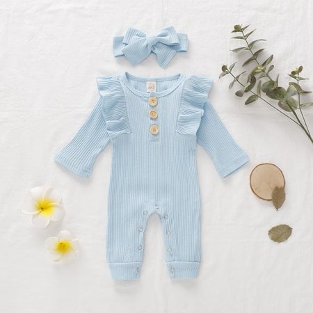

Maxcozy Baby Girls Ruffle Romper Jumpsuit Bodysuit Headband Clothes Outfits