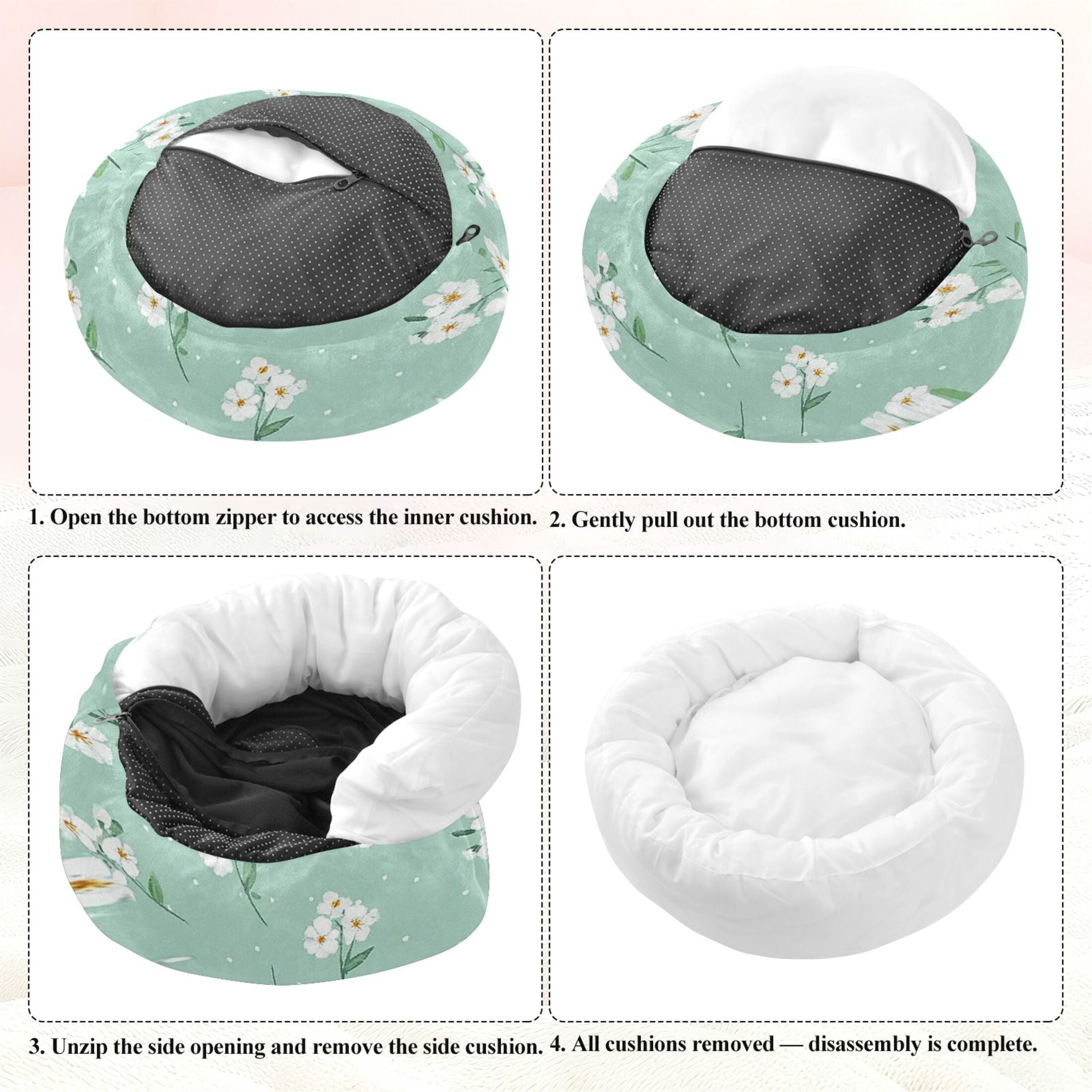Iauyy Pet Couch Donut Cat Bed for Indoor Cats/Small Dogs Washable & Machine with Non-slip Bottom Calming Cat Furniture, Small White Flowers (M)