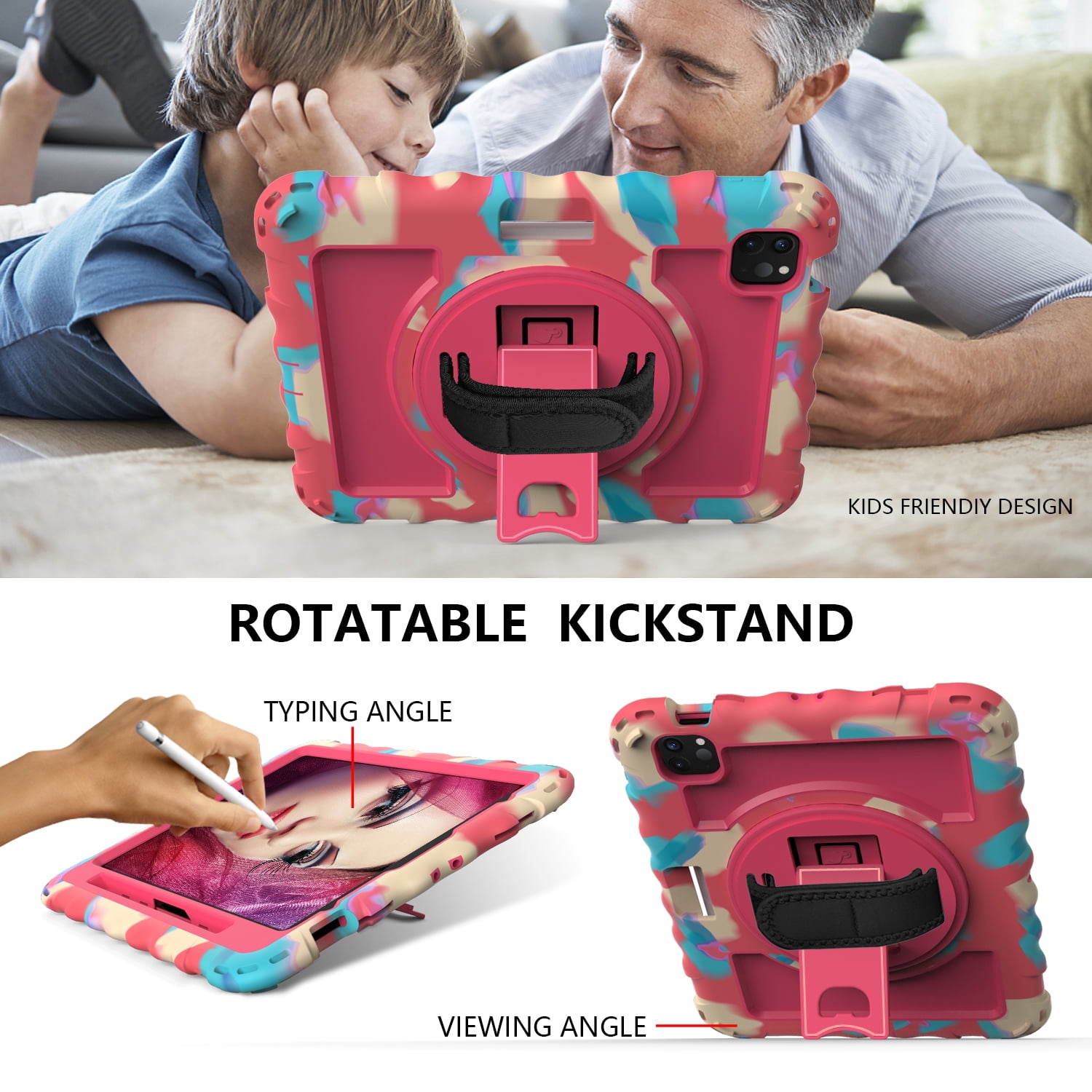 Allytech iPad Air 5 4 10.9 Case 2022/2020, Heavy Duty Shockproof Kids Case with Pencil Holder Hand Strap Kickstand Shoulder Strap for Apple iPad Air 5th 4th Generation 10.9 Inch -Rainbow/Rose