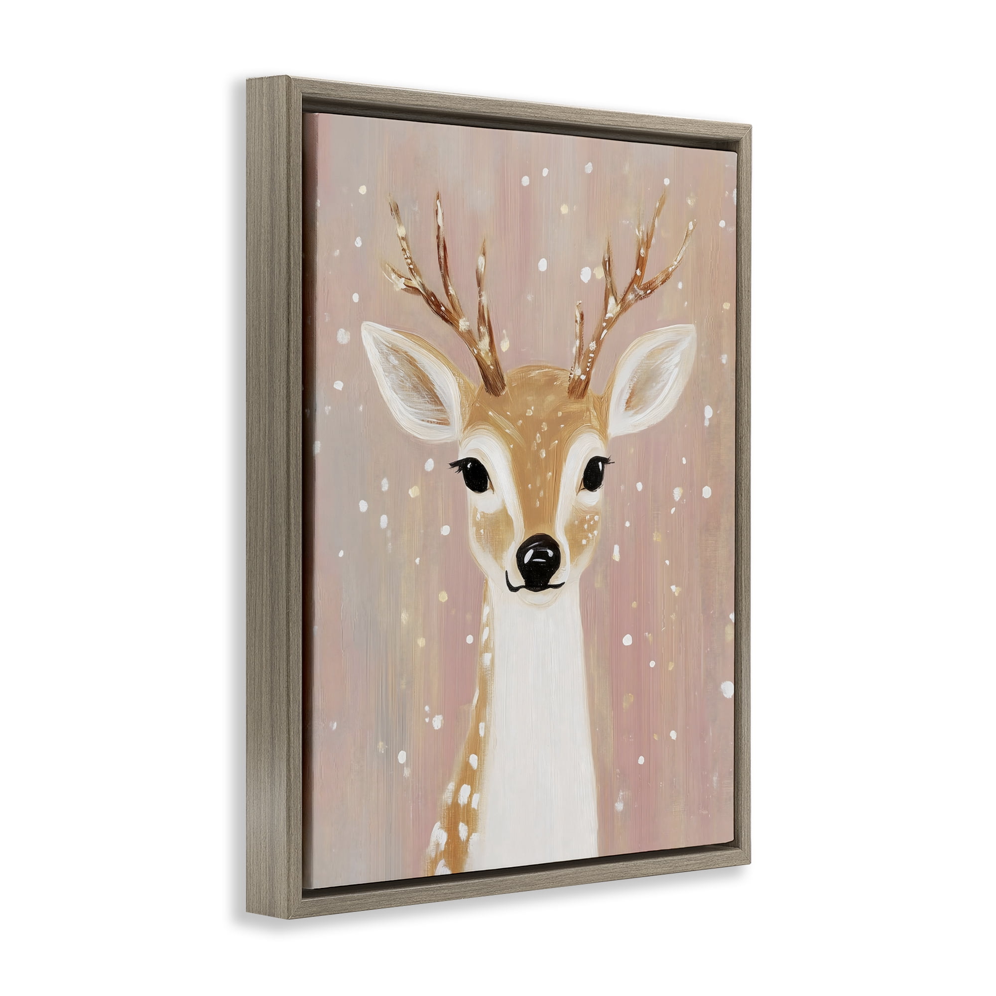 Stupell Industries Blush Pink Deer with Snowflakes Brown Framed Floater Canvas Wall Art, design by The Prints Vibe