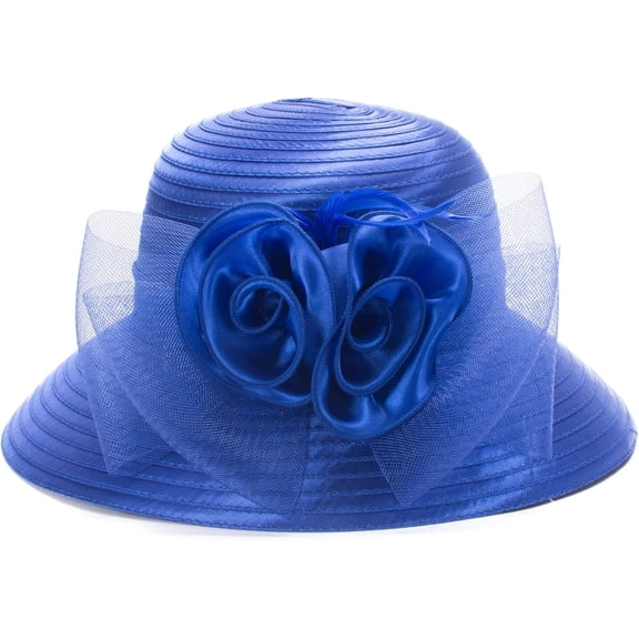 Kiibsot Women Satin UV Protection Sun Hat, British Style Elegant Flower Mesh Wedding Occasion Wide Brim Hat