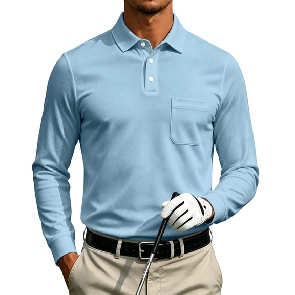 Fabrcox S-4XL Long Sleeve Polo Shirts for Men with Pockets Collared Men's Work Shirts Office Casual Plain Regular Fit Sports Golf Shirt Men Blue 4XL
