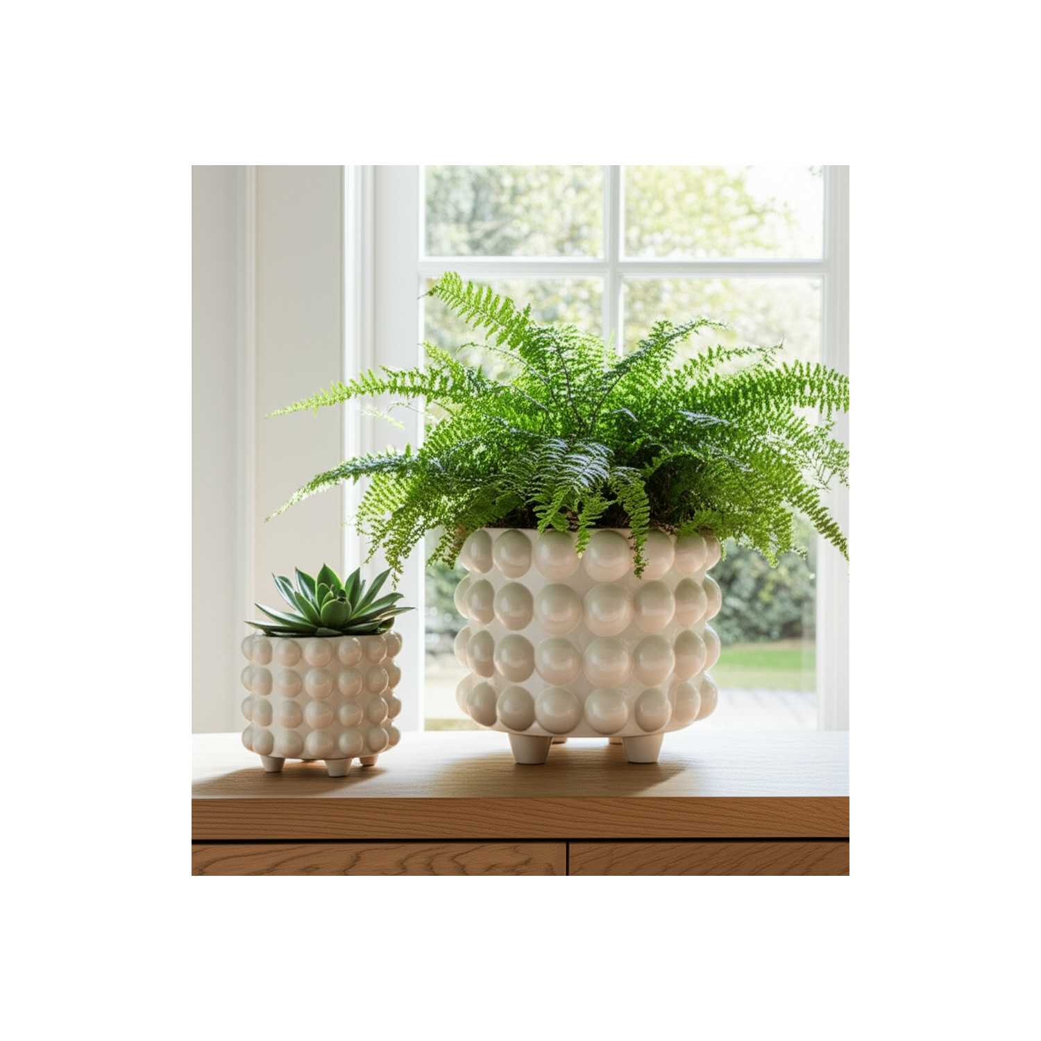 Round Bubble Flower Pots for Home Decor - Ceramic Planters with Texture for Outdoor and Indoor Plants  - Garden Plant Pots for Living Room or Patio Display - Set of 2, 10", 7", White