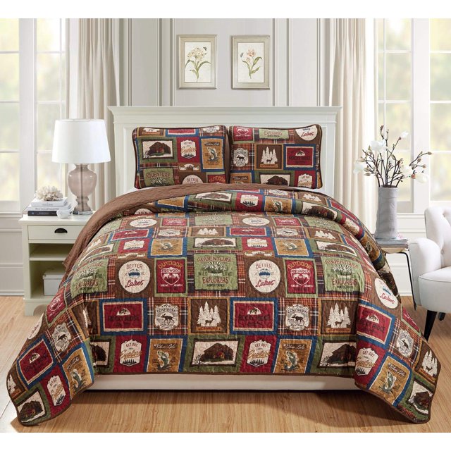 Rugs 4 Less Southwestern Great Outdoors Wilderness Cabin Lodge and Lakehouse Juego de cama de 2 piezas con patrones de cuadros y carteles de destino al aire libre, colcha acolchada (Doble - Lodge)