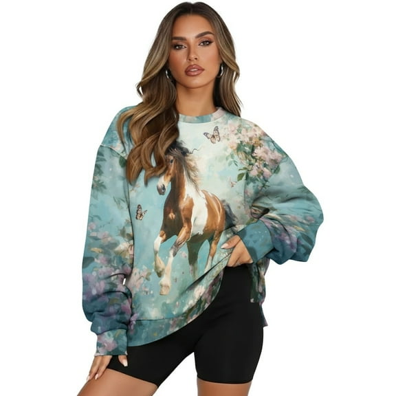 Xoenoiee Horse Butterfly Cherry Blossom Print Sweatshirts for Women Oversized Pullover Crewneck Tops Long Sleeve Sweaters Comfy Fall Winter Outfits Clothes 2025 Fashion, Size S
