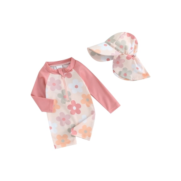 Loicainy Toddler Baby Girls Beach Swimwear 3 6 12 24 Months 2T 3T Long Sleeve Floral/Tropical Tree Print Zip Up Bathing Suits with Hat