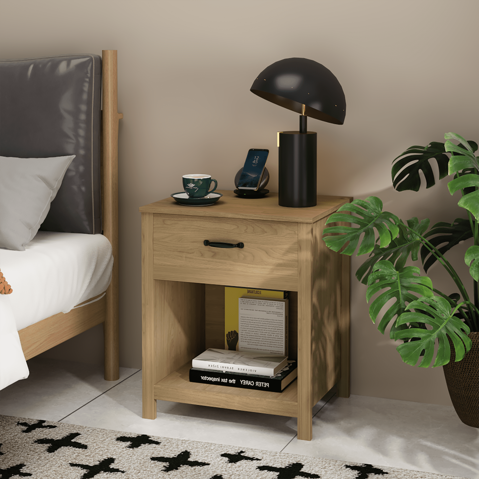 Nightstands, Bedside Tables, Wood Nightstand with One Drawer and Open Shelf, Modern Minimalist Design, Engineered Wood Construction, Compact Size for Bedroom Living Room Apartment, Brown