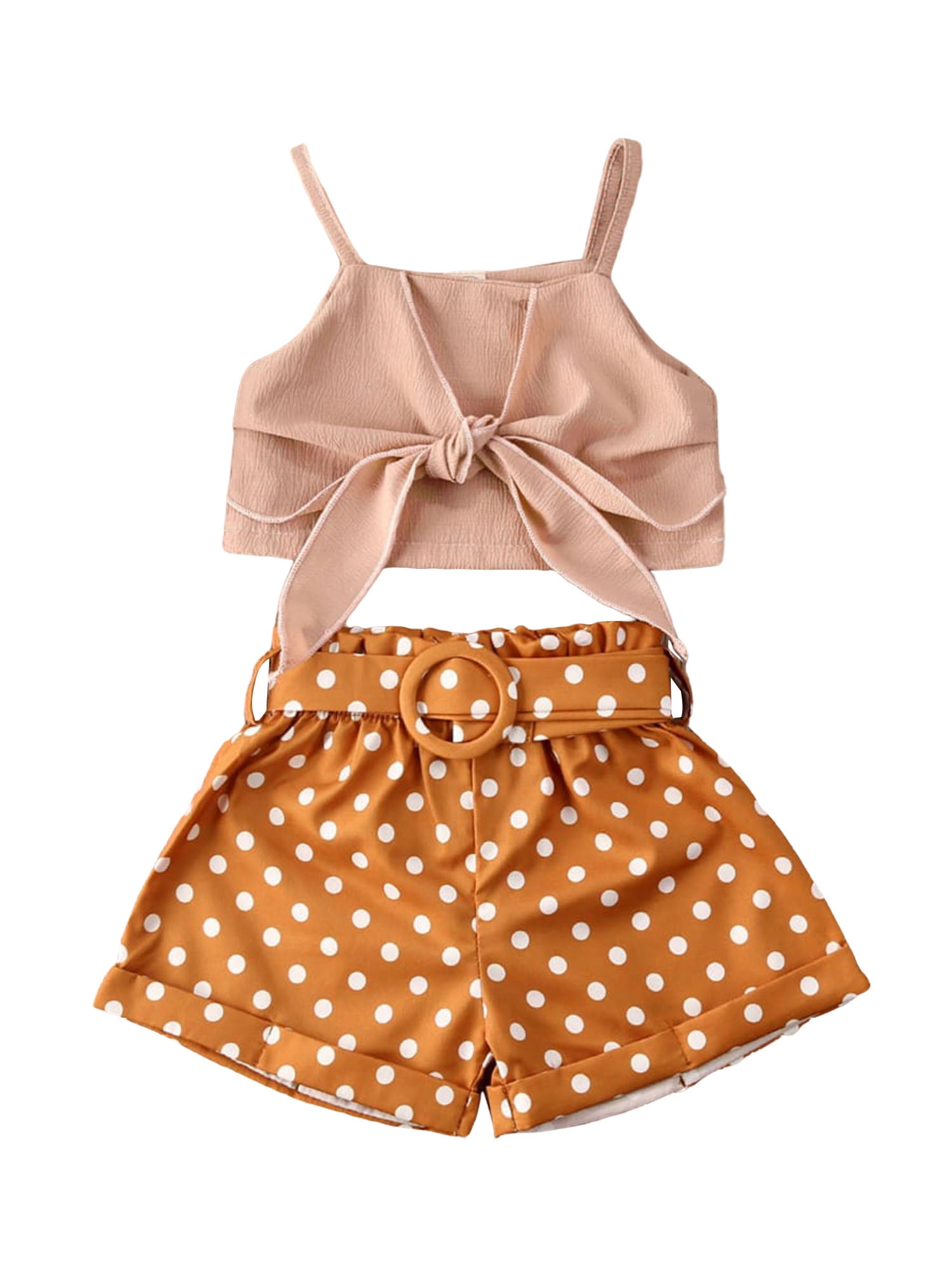 2Pcs/Set Toddler Baby Girl Chiffon Sling Bowknot Camisole Crop Top Polka Dot Belt Shorts Summer 