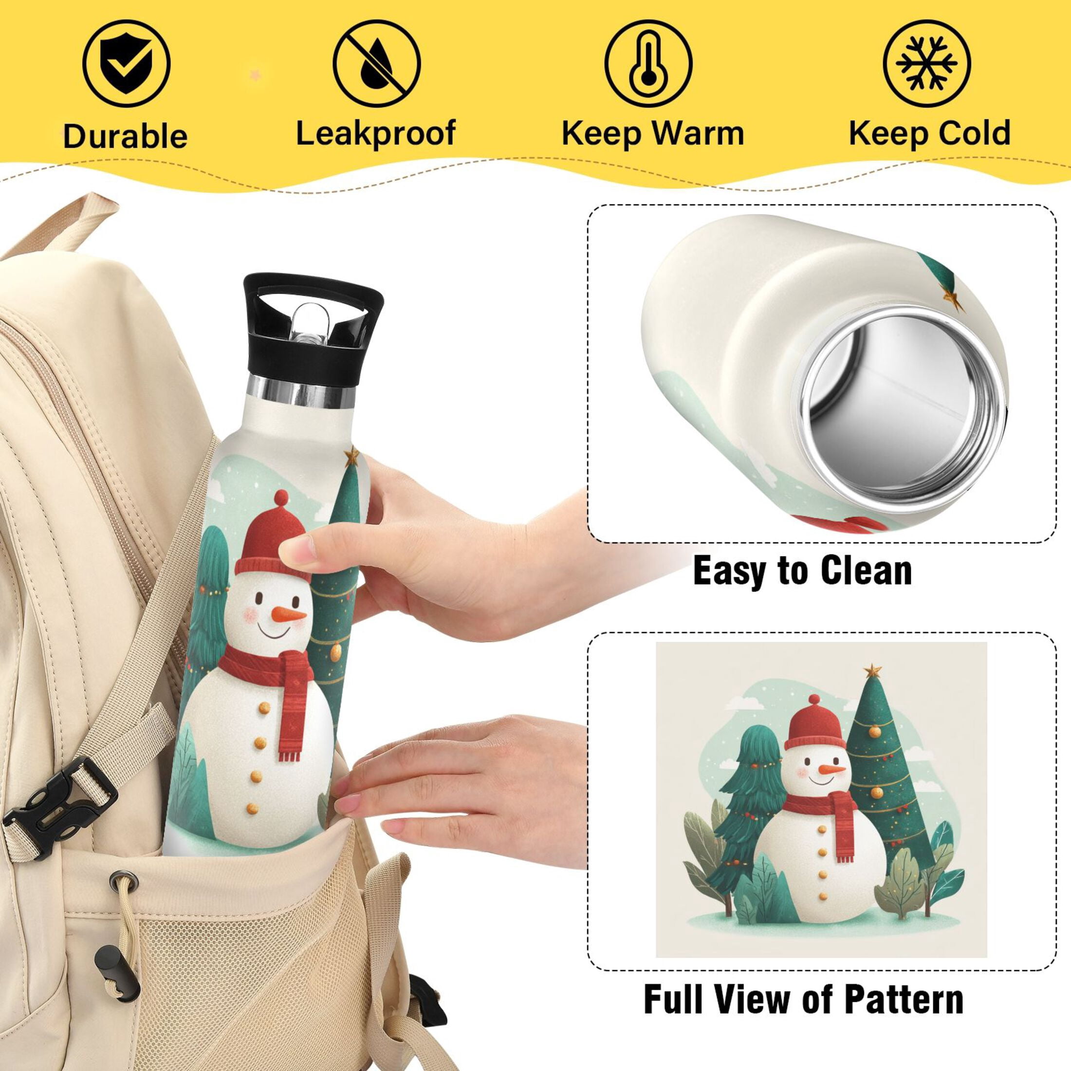 600ML Stainless Steel Insulated Cup Sports Water Bottle Portable Thermos Cup Water Glasses Insulated Tumblers Convenient and Durable A Beautiful Watercolor Christmas Snowman
