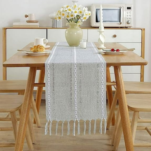 Zhuge Table Runner, Rustic Farmhouse Table Runners with Tassels, Boho Cotton Linen Table Runner for Table Decorations, Holiday Party and Wedding, 108 Inches, Light Grey
