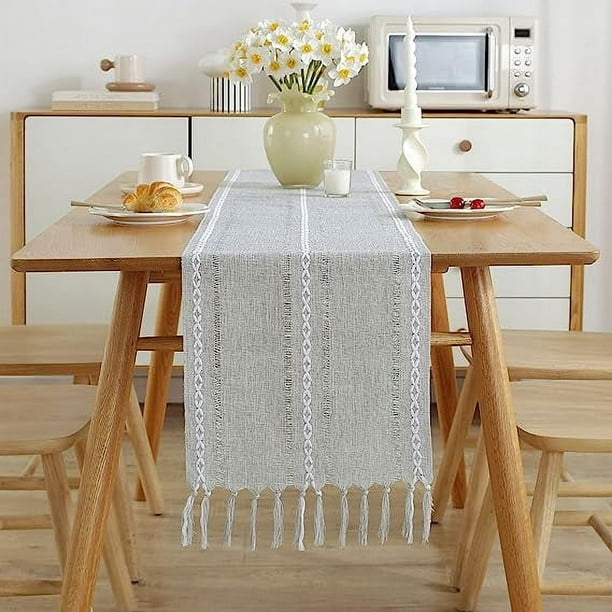 Nvzi Camino de mesa, camino de mesa rústico de granja con borlas, camino de mesa de lino y algodón bohemio para decoraciones de mesa, fiestas navideñas y bodas, 108 pulgadas, gris claro