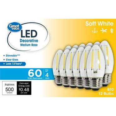 Great Value LED, 4W (60W Eqv) B10 Deco Lamp E26 Medium Base, Dimmable, Soft White, 12pk