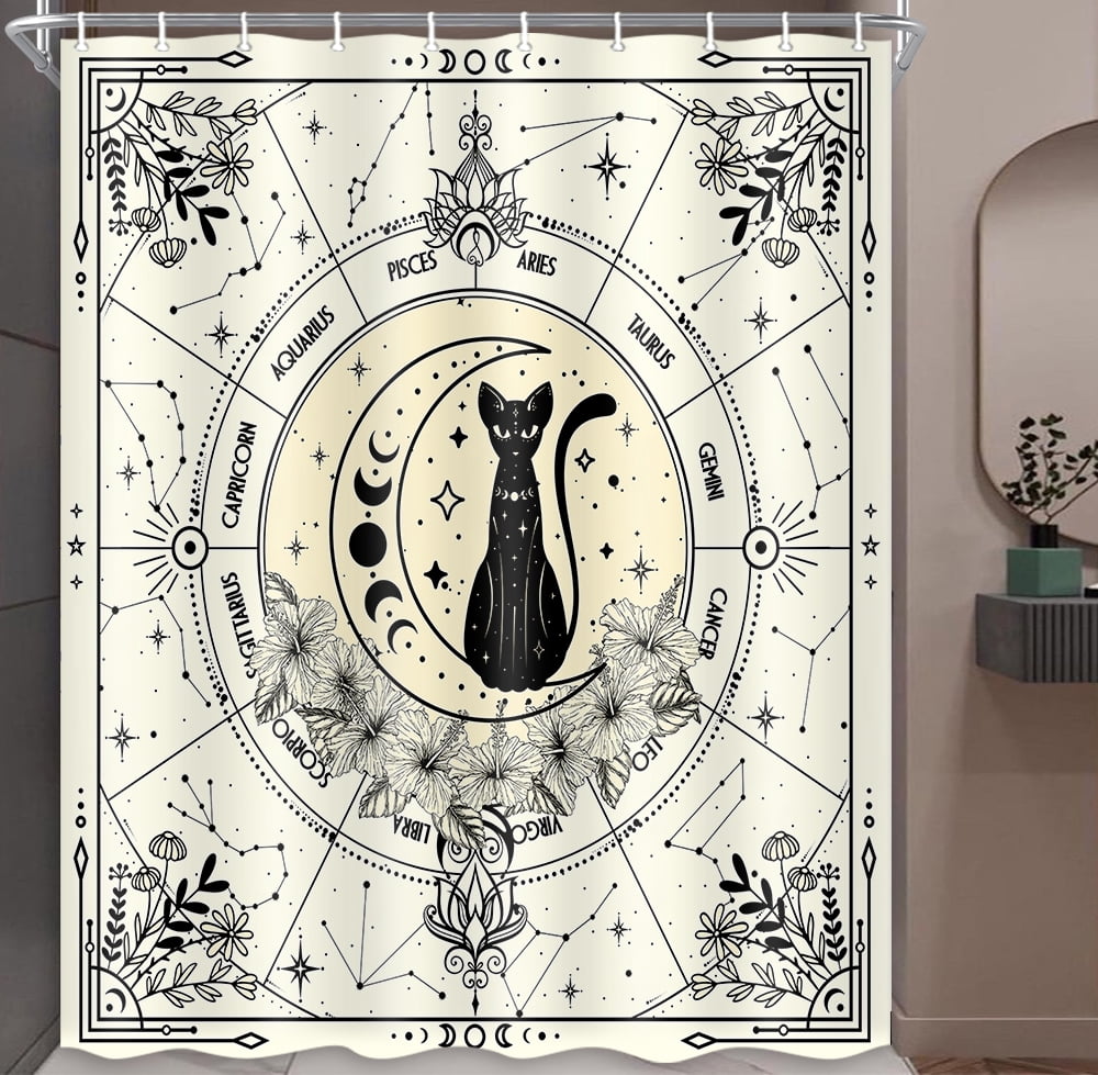 Boho Shower Curtains for Bathroom Moon Phase Black Cat Celestial Beige Shower Curtain Vintage Witchy Astrology Mysterious Celestial Waterproof Polyester Shower Curtain Set with Hooks 71X71 Inch