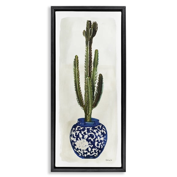 Stupell Industries Bohemian Cacti in Ornate Blue Pot Black Floating Frame Canvas Art, 11 x 25, by Stellar Design Studio