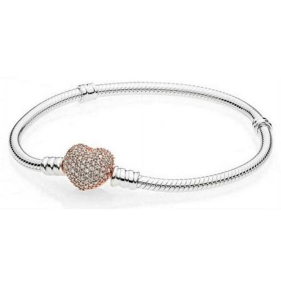 Pandora Moments Women's Sterling Silver Snake Chain Charm Bracelet with Pave Heart Clasp
