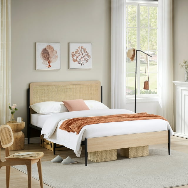 CazToi Queen Size Platform Bed with Rattan Headboard Metal Frame & Under Bed Storage No Box Spring Needed
