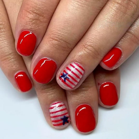 JZROCKER 24 Pcs 4th of July Full Covers Stick on Nails Short Oval False Nails Independence Day Press On Nails Star Acrylic Nails
