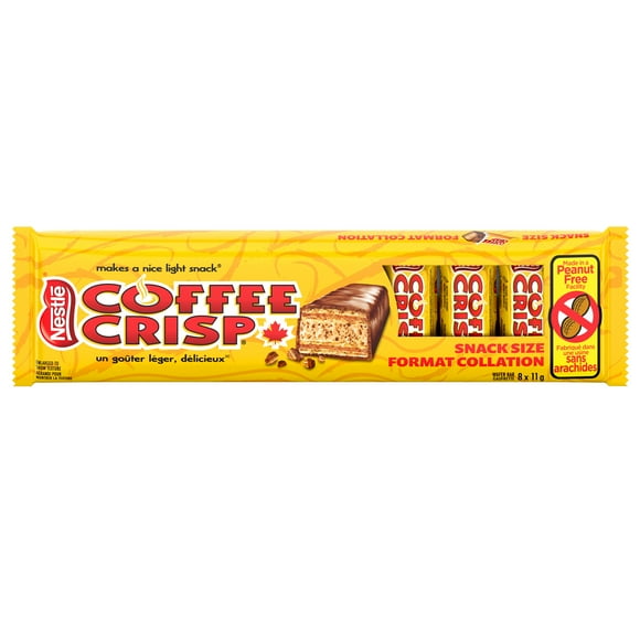 COFFEE CRISP Snack size, Wafer bars & coffee crème in a thin chocolatey coating, Individually wrapped, Prepared in a Canadian peanut-free facility, Ideal for sharing, Sustainably Sourced Cocoa, 88 g