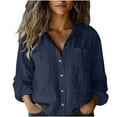 thumbnail image 1 of Ohufall Womens Linen Shirts Solid Turn Down Collar Comfy Work Blouses with Pockets Fall Casual Long Sleeve Button Down Shirts Work Tops, 1 of 6