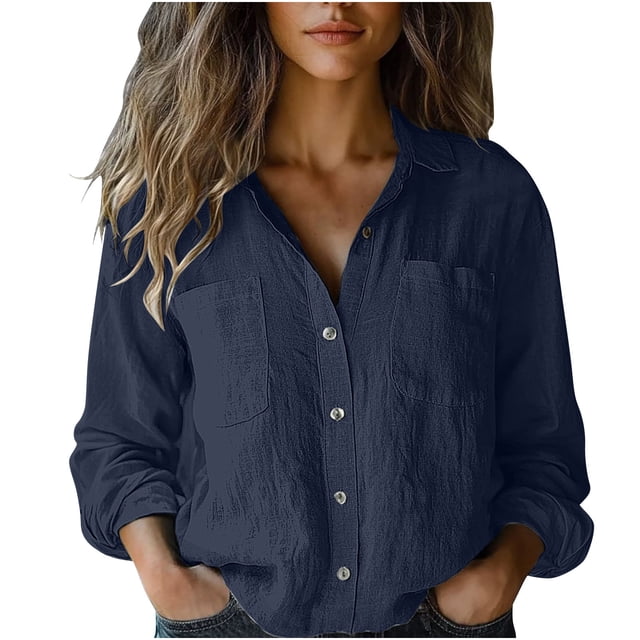 Ohufall Womens Linen Shirts Solid Turn Down Collar Comfy Work Blouses with Pockets Fall Casual Long Sleeve Button Down Shirts Work Tops
