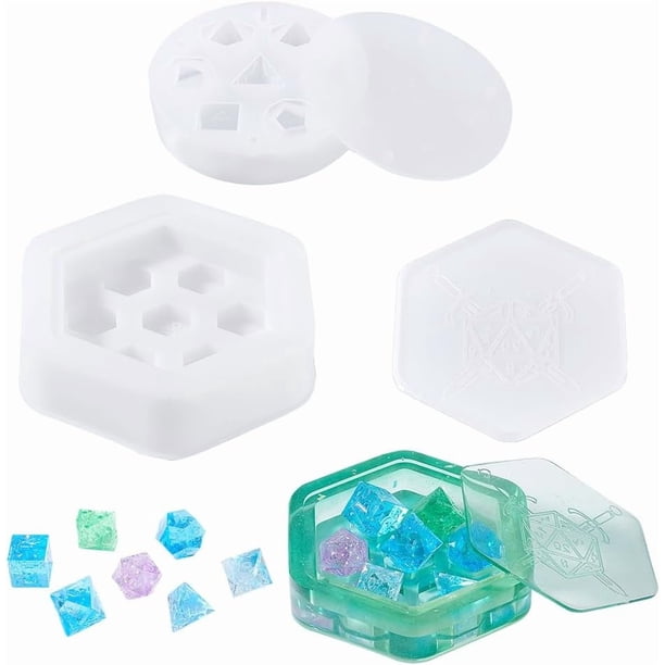Juego de 2 moldes para dados con 7 moldes de silicona y bandeja de almacenamiento. Moldes de silicona para dados, moldes de resina para dados. Juego de dados con bordes.