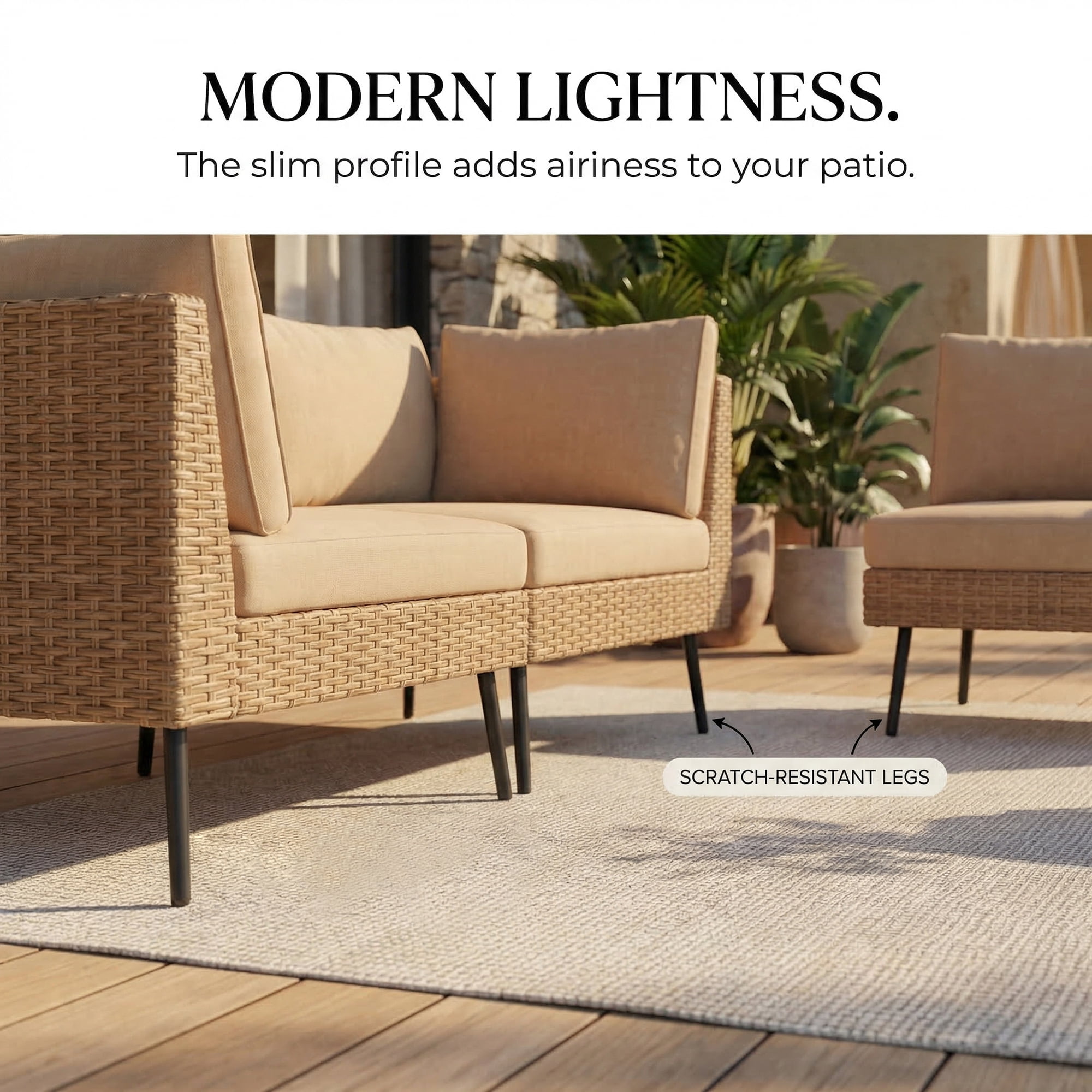LAZZO 5-Piece Outdoor Wicker Conversation Set, All-Weather Sectional Sofa with 4 Chairs & 1 Ottoman, Khaki Cushions