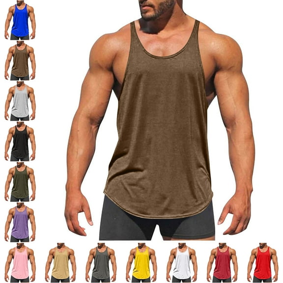 Men's and Big Tank Top Solid Color Exercise Close Fitting High Resilience Round Neck Fitness Short Sleeved Plus Size Sleeveless Muscle T Shirts Solid Crewneck Athletic Workout A Shirts Tees