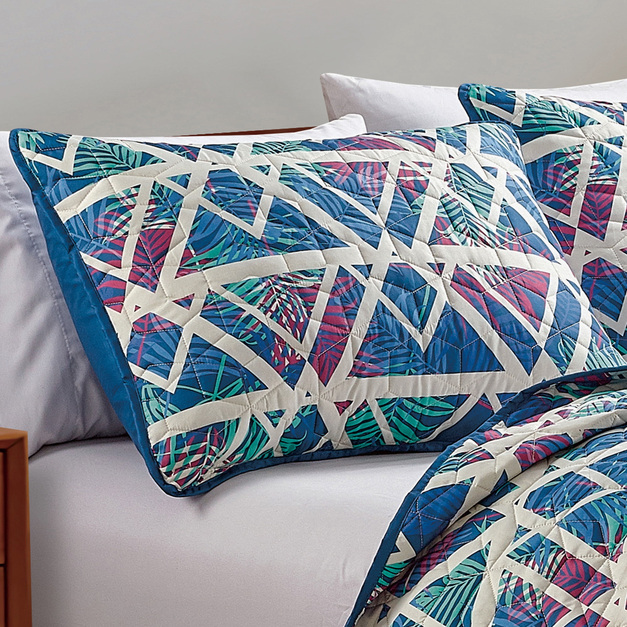 Blue & Purple Geometric Reversible 3 Piece Bedspread Set,Queen